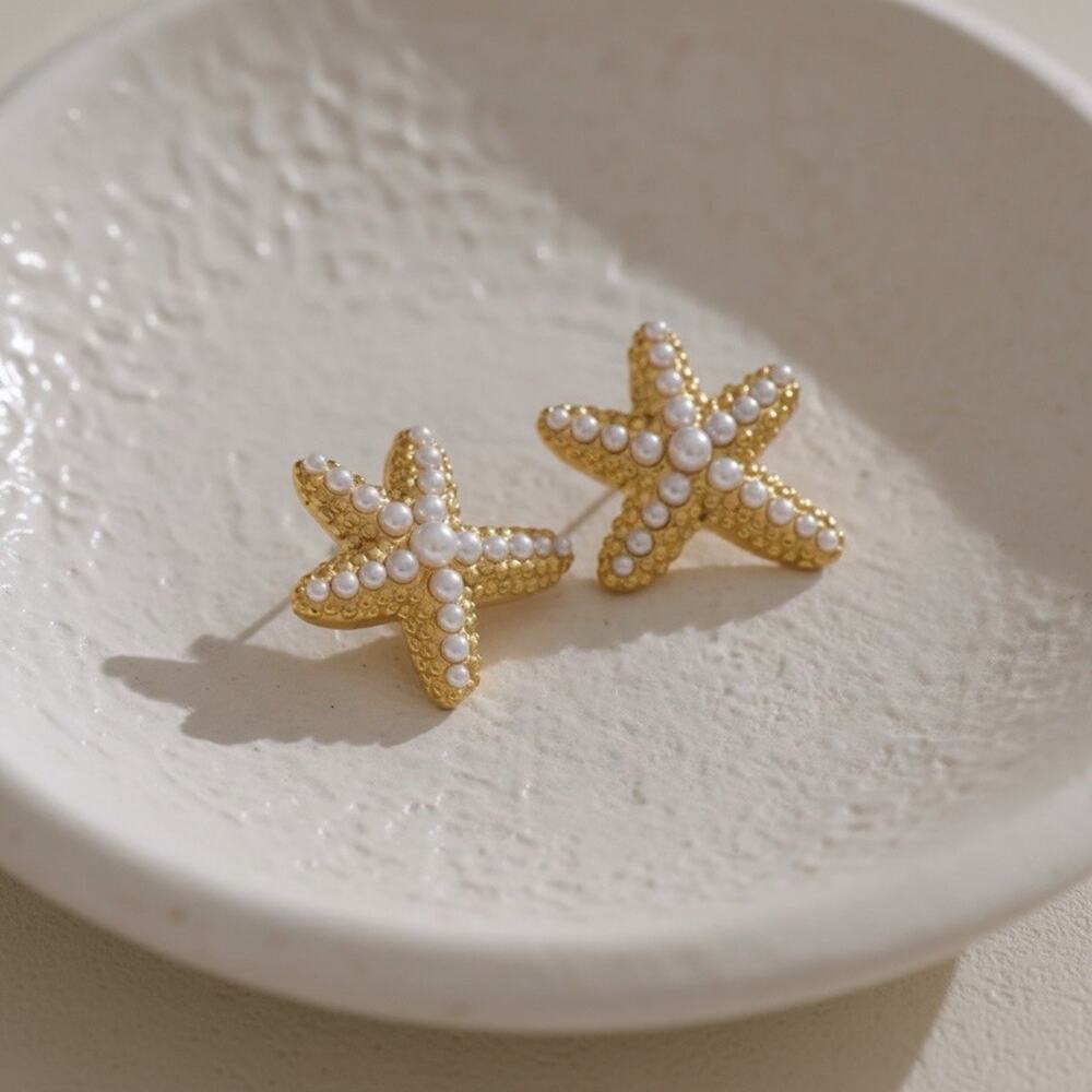 Anthropologie Starfish Pearl Earrings Boho Gold CZ Nautical Ocean Marine Stud